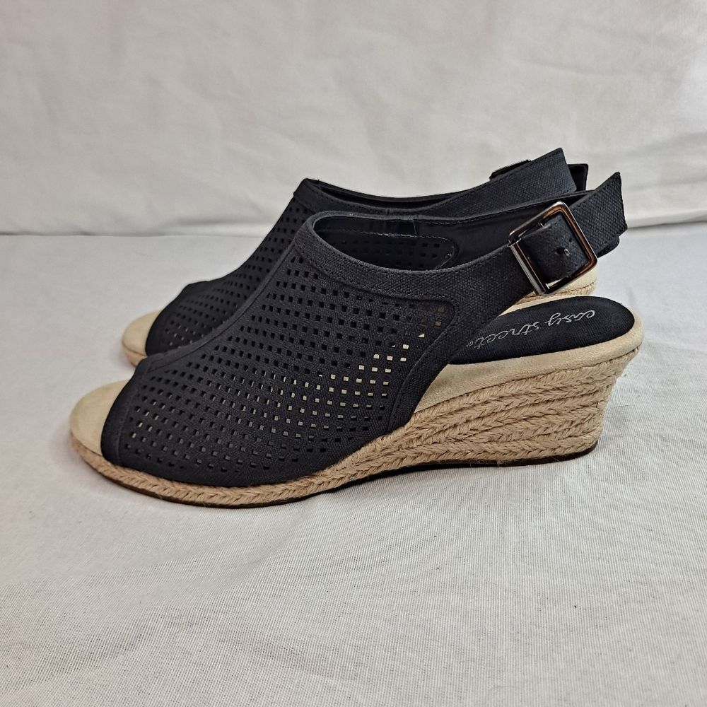 Easy Street Women's Stacy Espadrille Sandals Size 8.5M Black Perforated Wedges